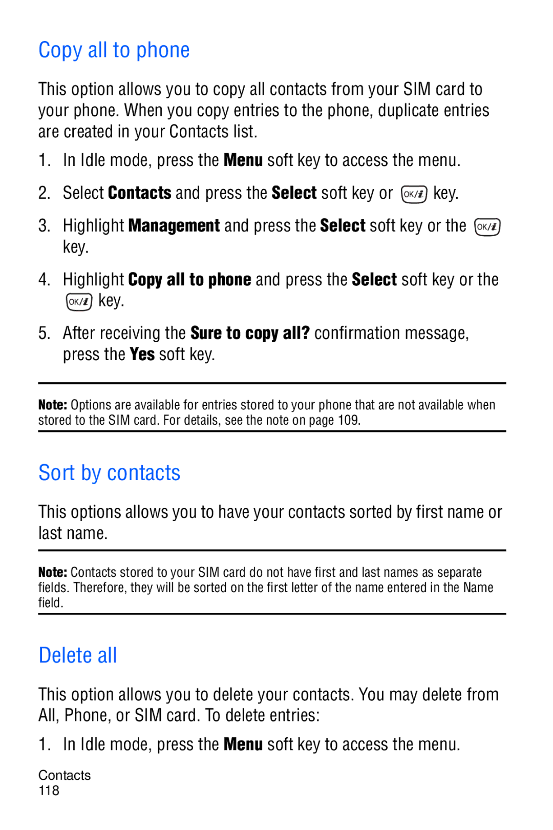 Samsung SGH-D606 user manual Copy all to phone, Sort by contacts, Delete all 