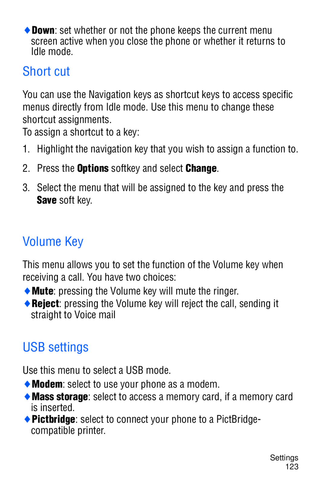 Samsung SGH-D606 user manual Short cut, Volume Key, USB settings 