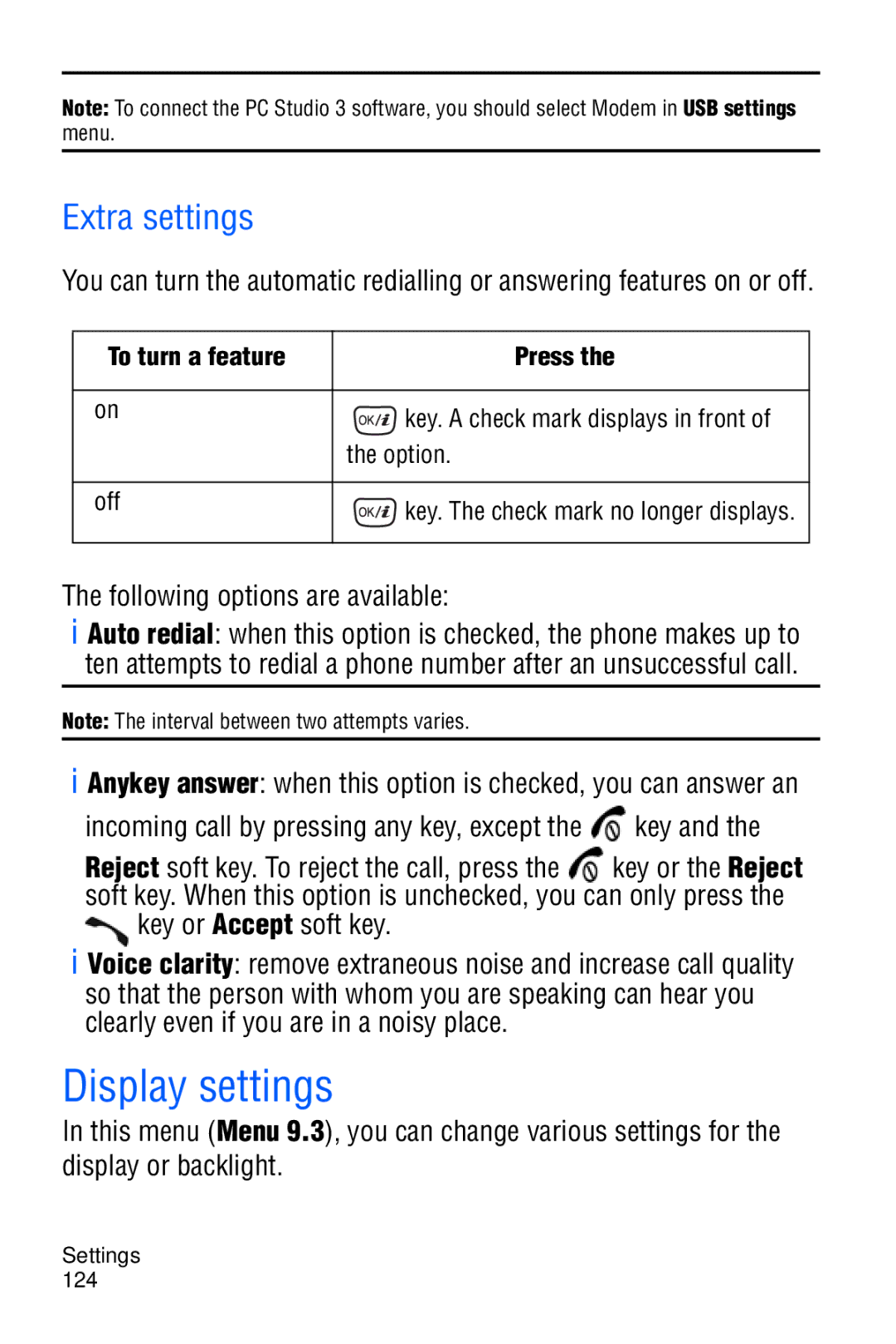 Samsung SGH-D606 user manual Display settings, Extra settings, Incoming call by pressing any key, except the key 