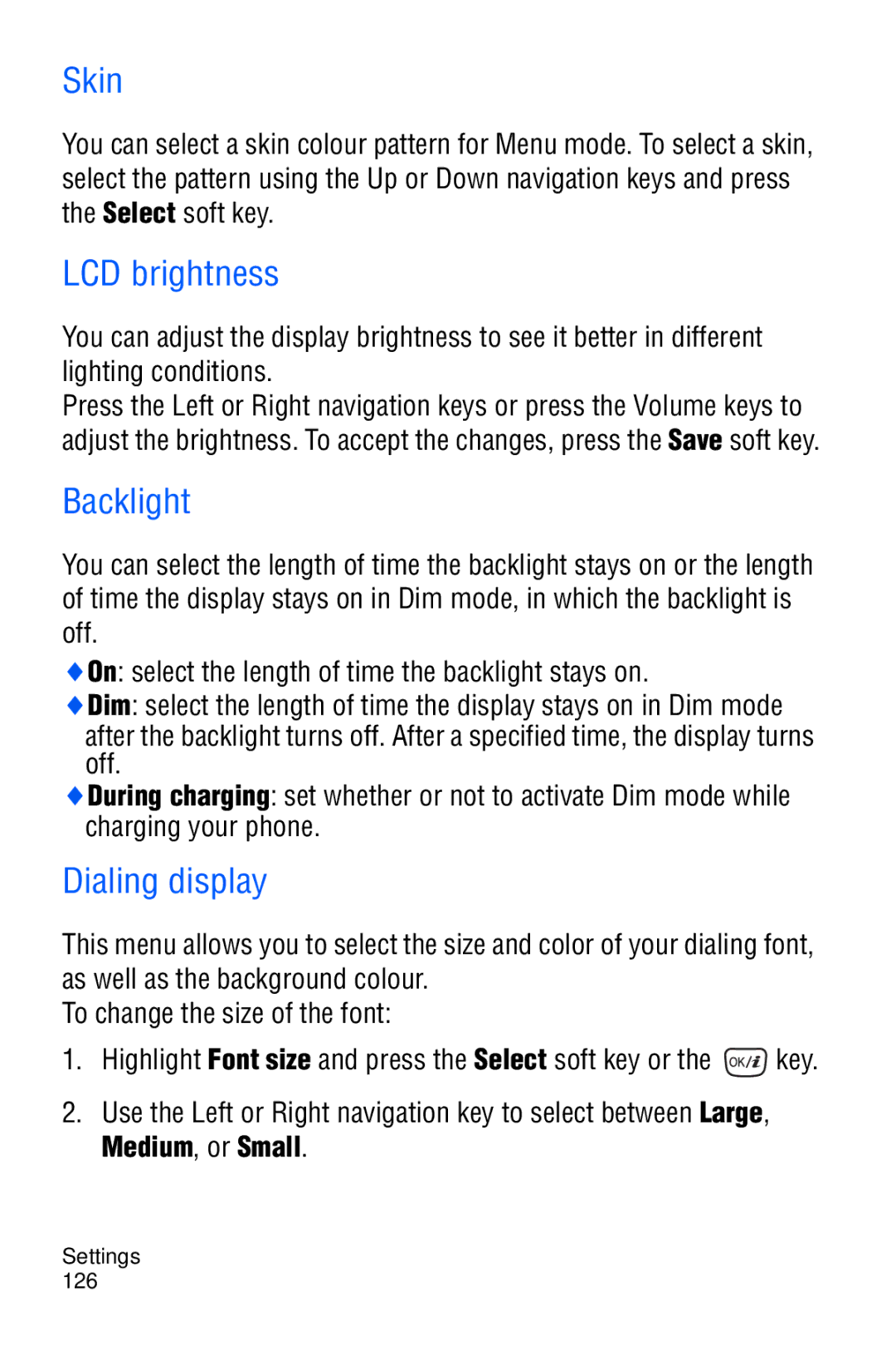 Samsung SGH-D606 user manual Skin, LCD brightness, Dialing display 