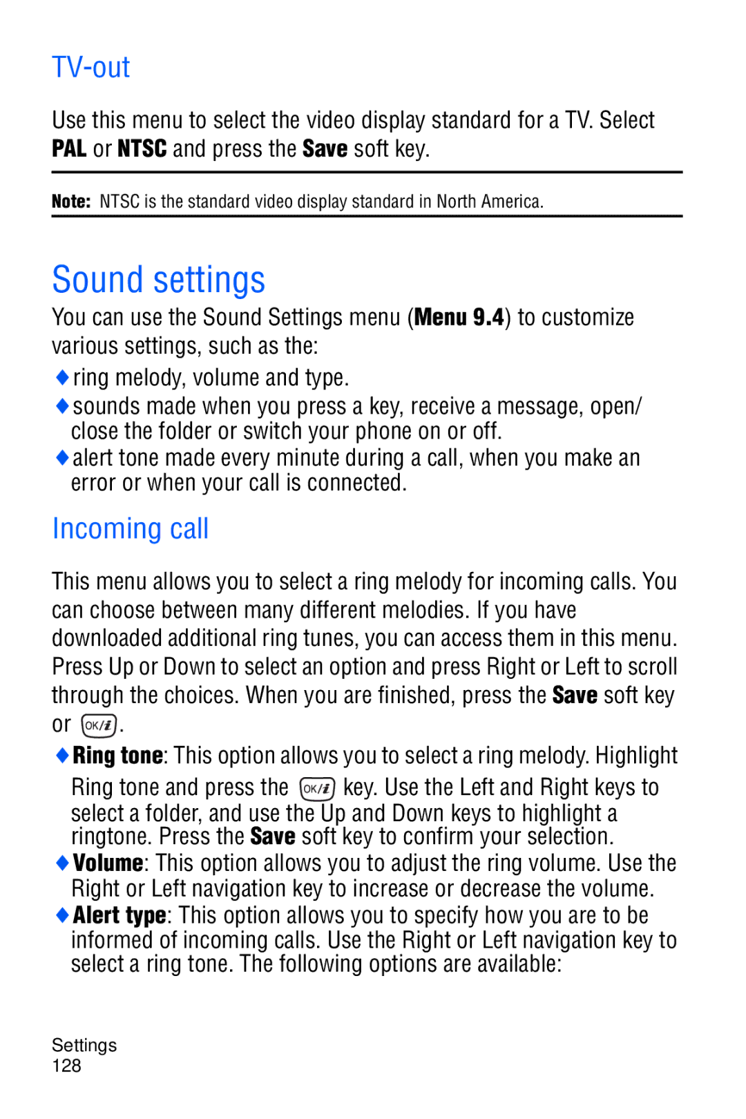 Samsung SGH-D606 user manual Sound settings, TV-out, Incoming call 