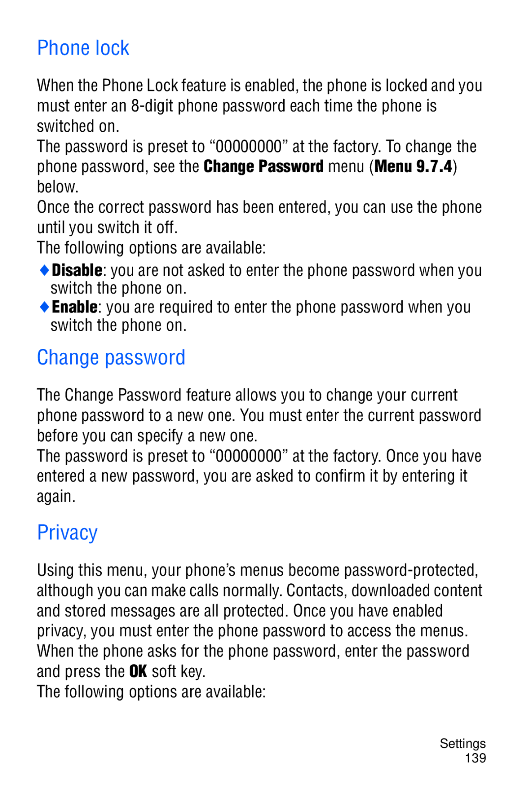 Samsung SGH-D606 user manual Phone lock, Change password, Privacy 