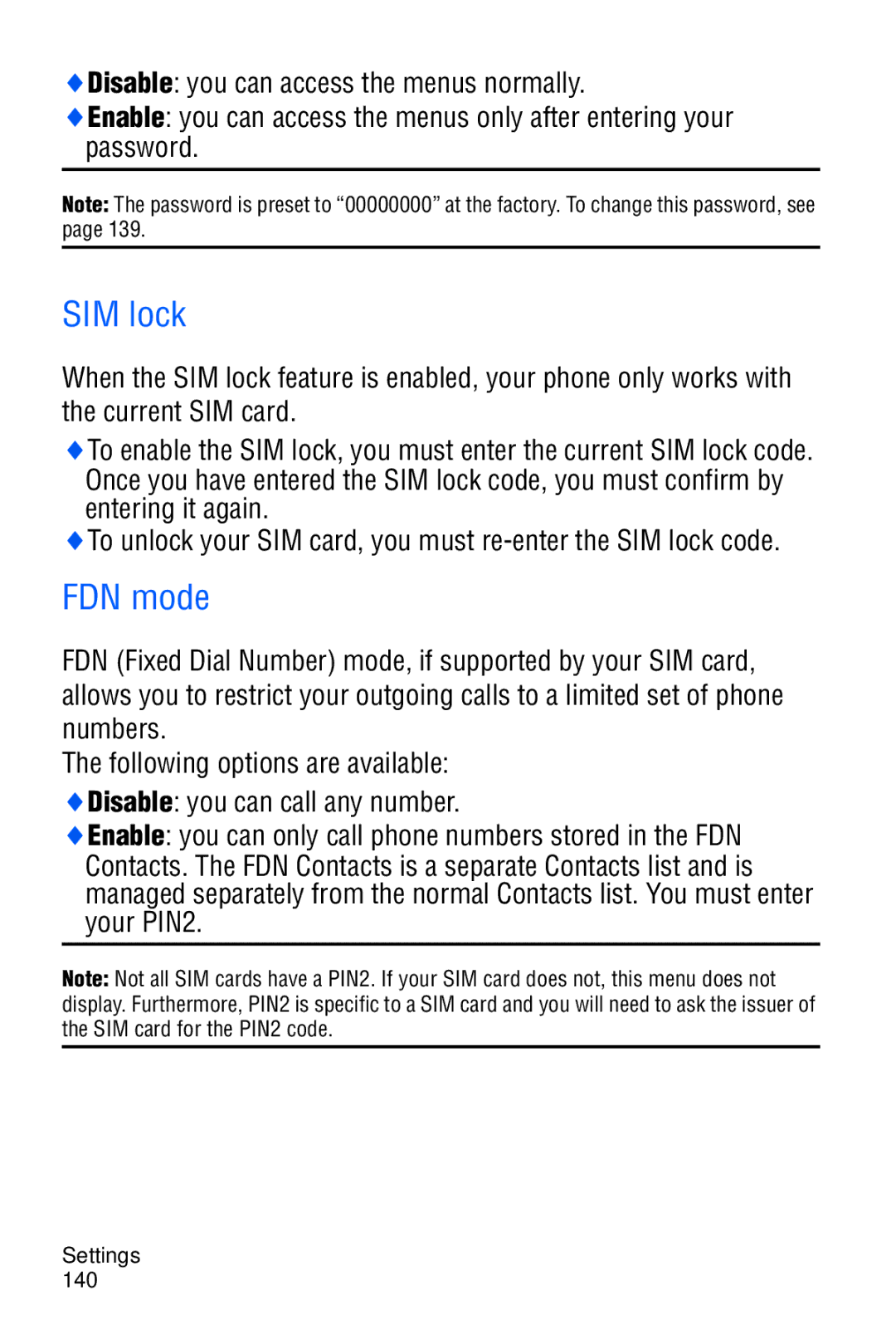 Samsung SGH-D606 user manual SIM lock, FDN mode 