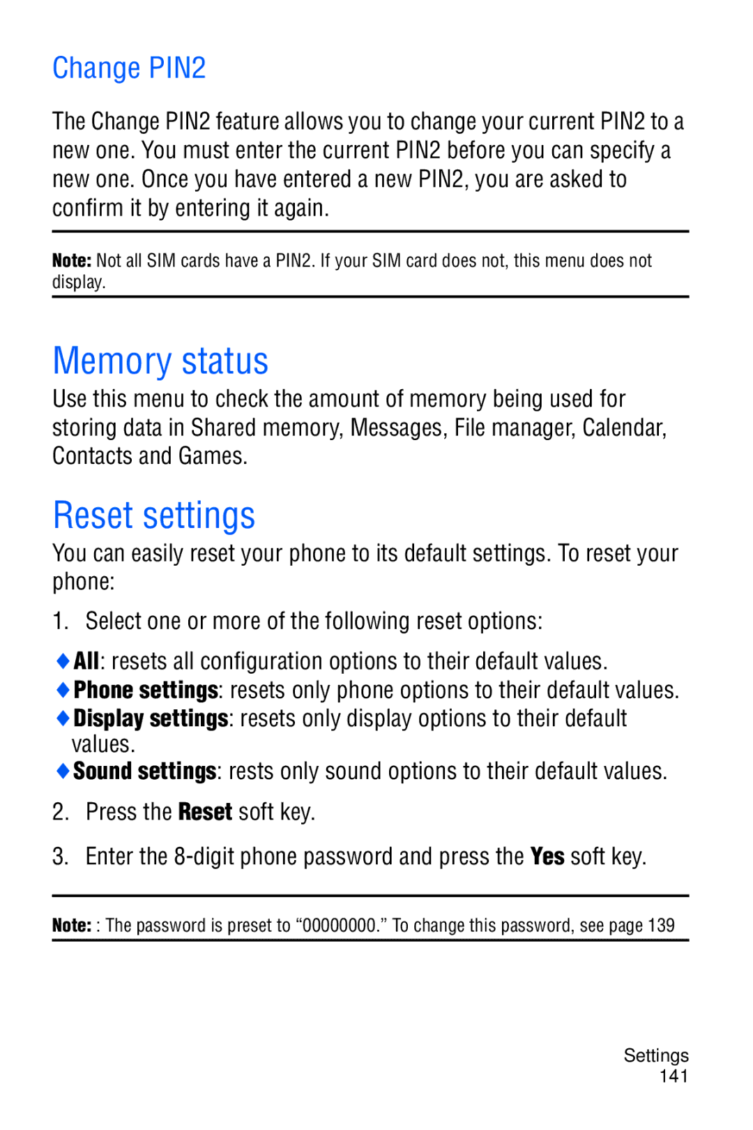 Samsung SGH-D606 user manual Reset settings, Change PIN2 