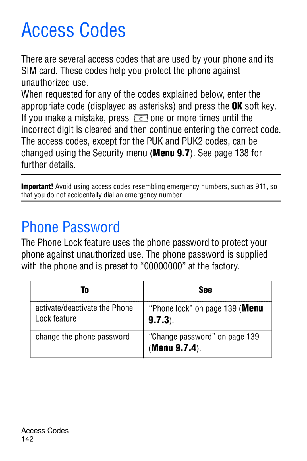 Samsung SGH-D606 user manual Access Codes, Phone Password 