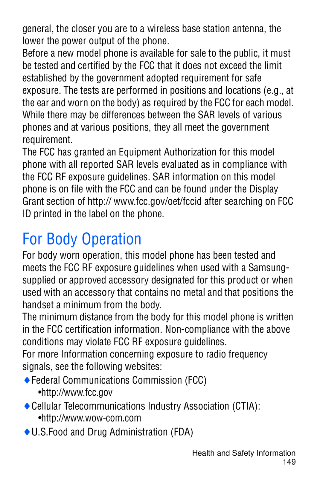 Samsung SGH-D606 user manual For Body Operation 