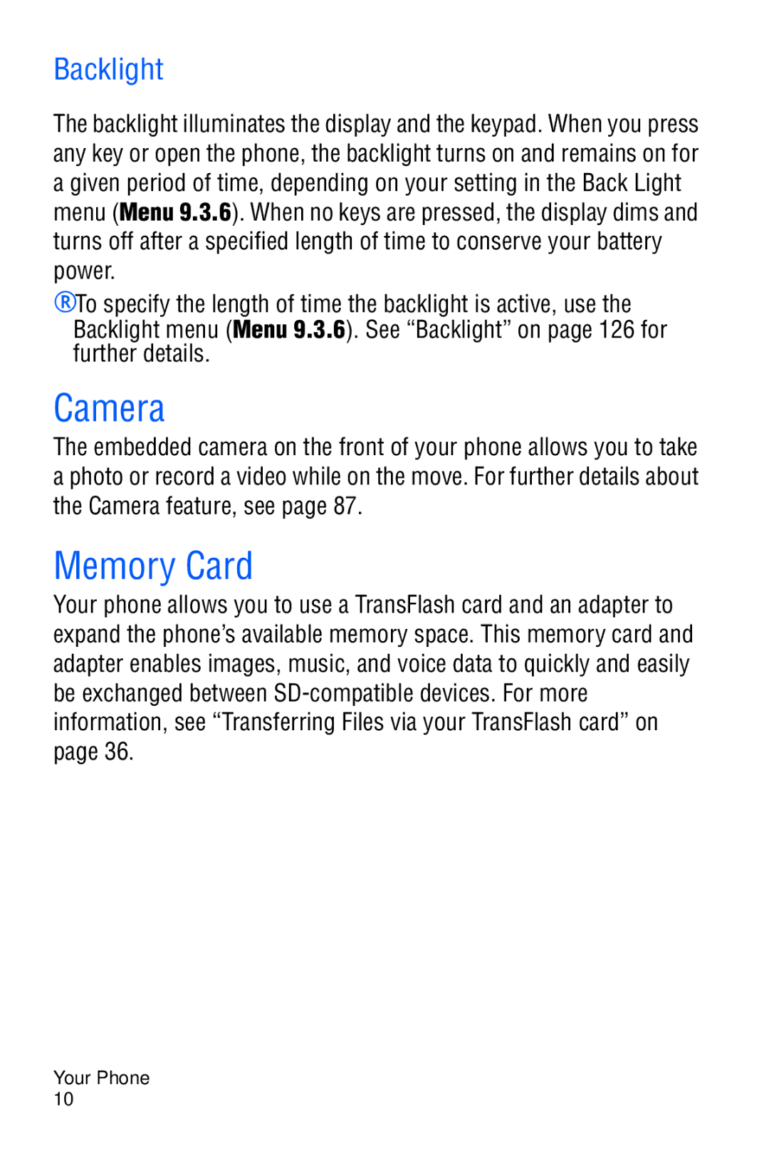 Samsung SGH-D606 user manual Camera, Memory Card, Backlight 