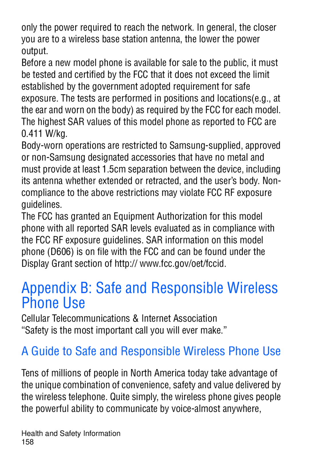 Samsung SGH-D606 Appendix B Safe and Responsible Wireless Phone Use, Guide to Safe and Responsible Wireless Phone Use 