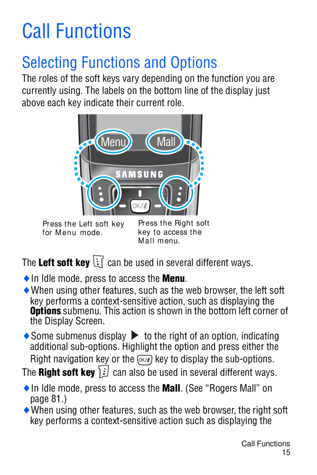 Samsung SGH-D606 Call Functions, Selecting Functions and Options, Idle mode, press to access the Mall. See Rogers Mall on 