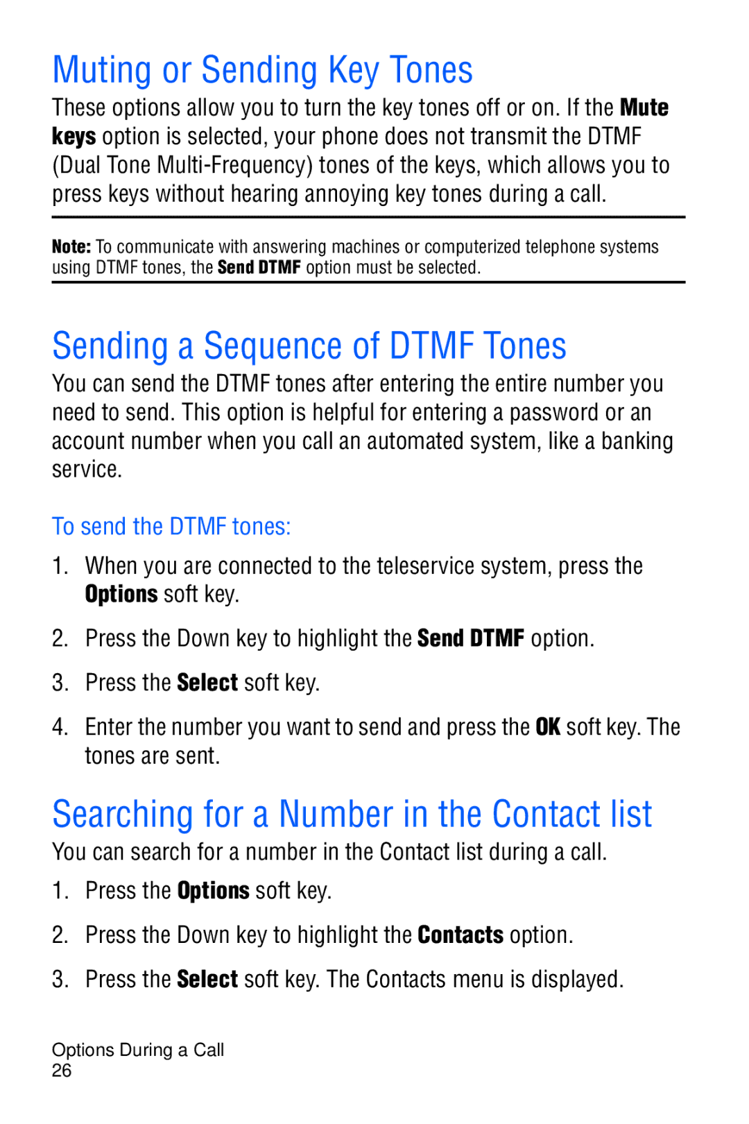 Samsung SGH-D606 Muting or Sending Key Tones, Sending a Sequence of Dtmf Tones, Searching for a Number in the Contact list 