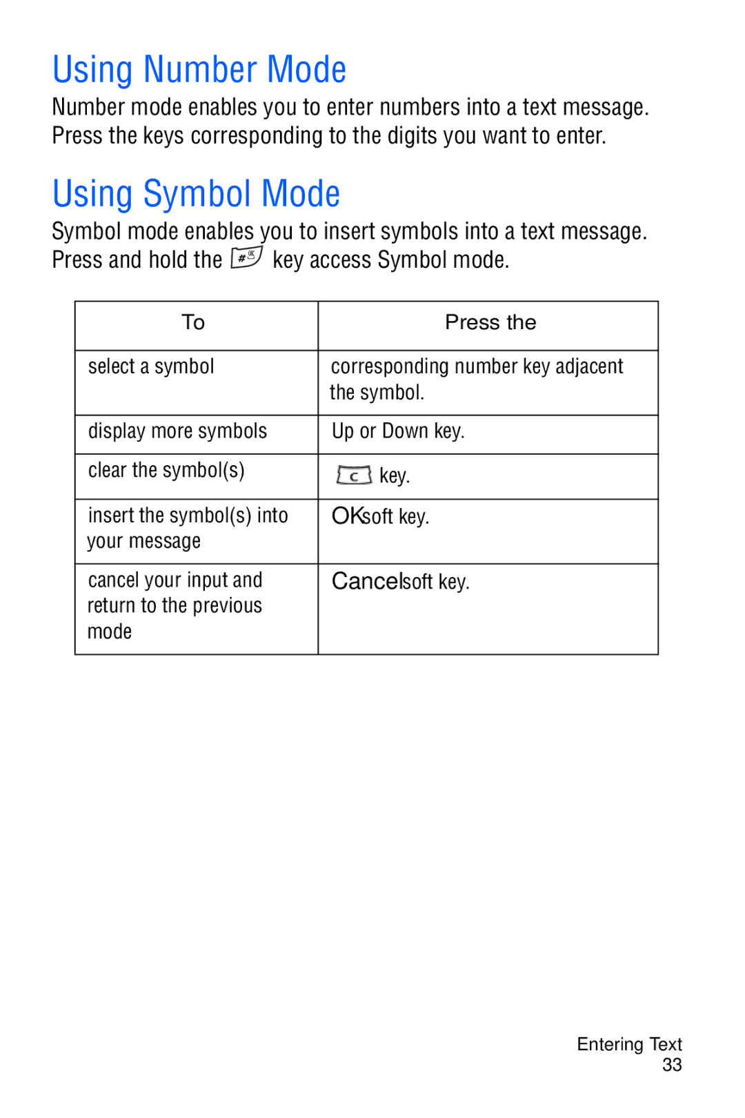 Samsung SGH-D606 user manual Using Number Mode, Using Symbol Mode 