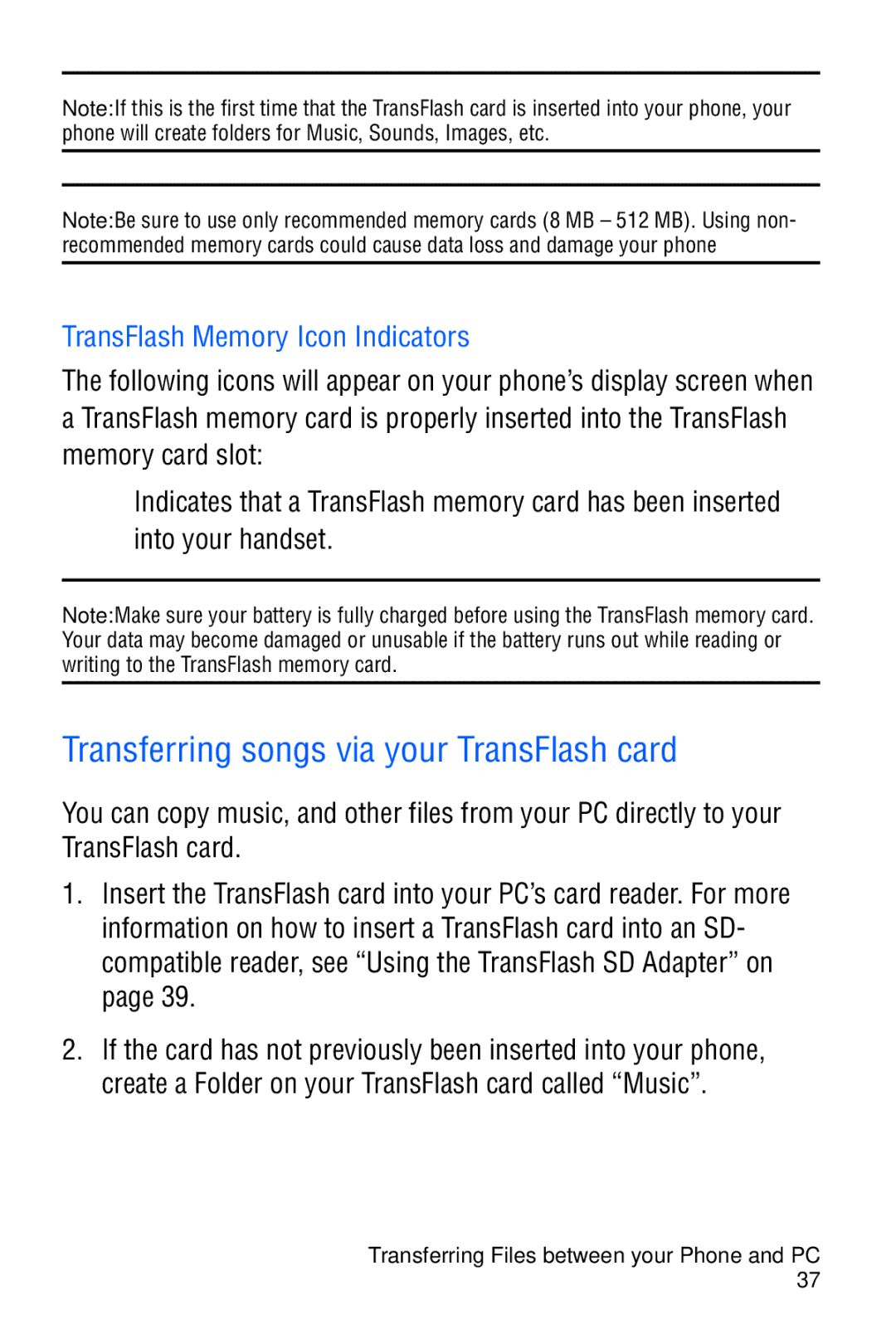 Samsung SGH-D606 user manual Transferring songs via your TransFlash card, TransFlash Memory Icon Indicators 