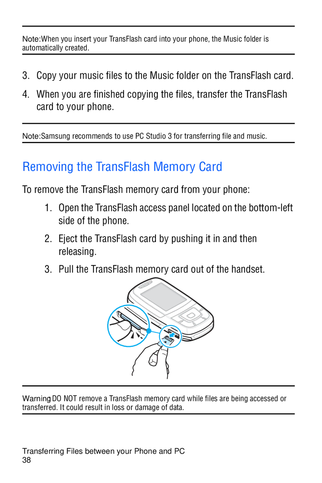 Samsung SGH-D606 user manual Removing the TransFlash Memory Card 