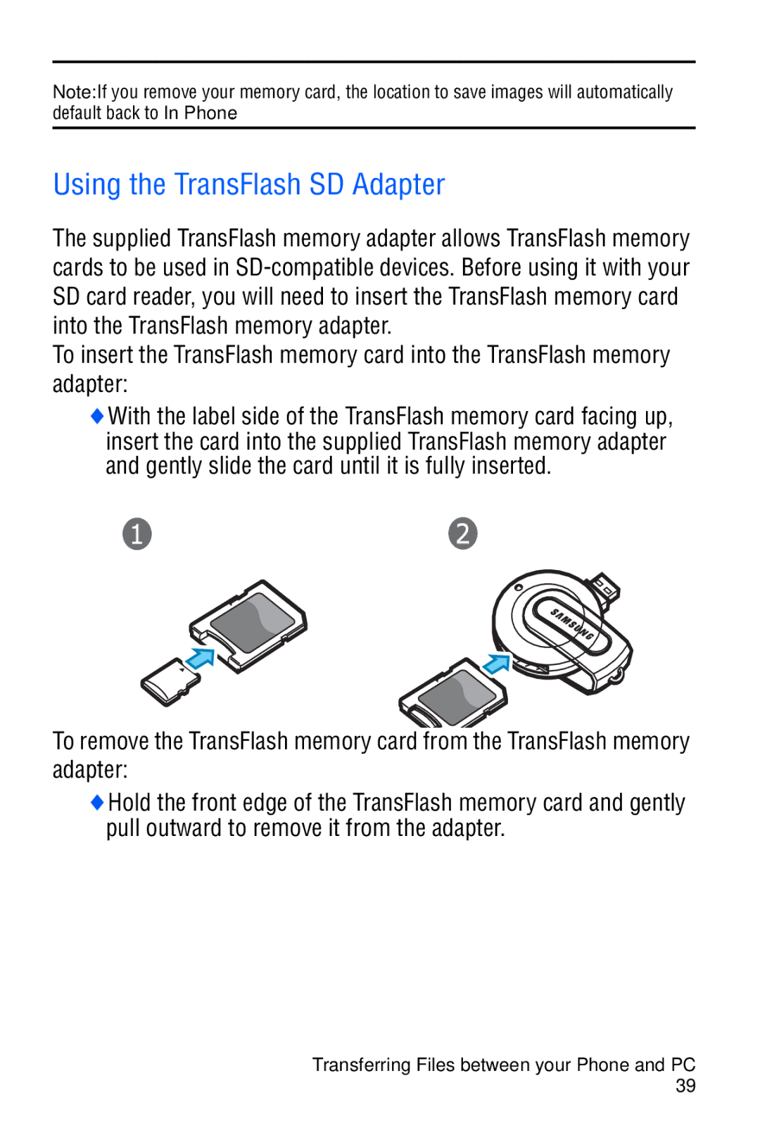 Samsung SGH-D606 user manual Using the TransFlash SD Adapter 