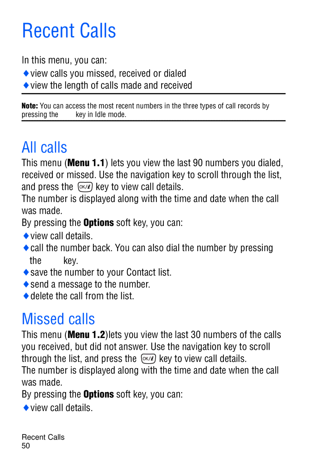 Samsung SGH-D606 user manual Recent Calls, All calls, Missed calls, This menu, you can 