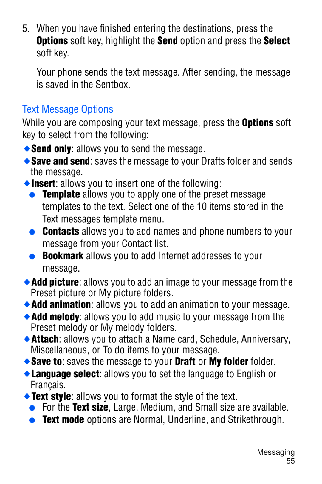 Samsung SGH-D606 user manual Text Message Options 