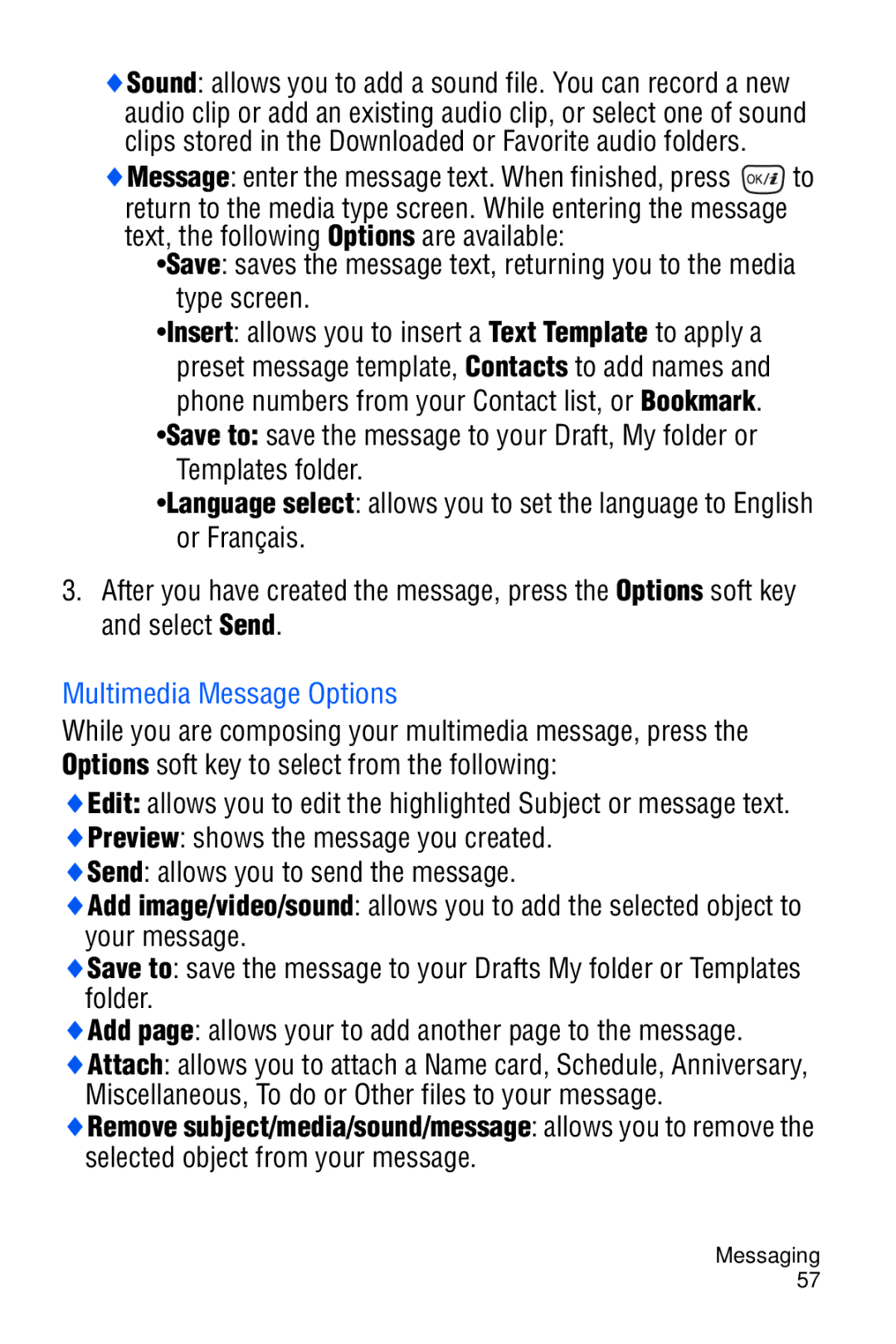 Samsung SGH-D606 user manual Multimedia Message Options 