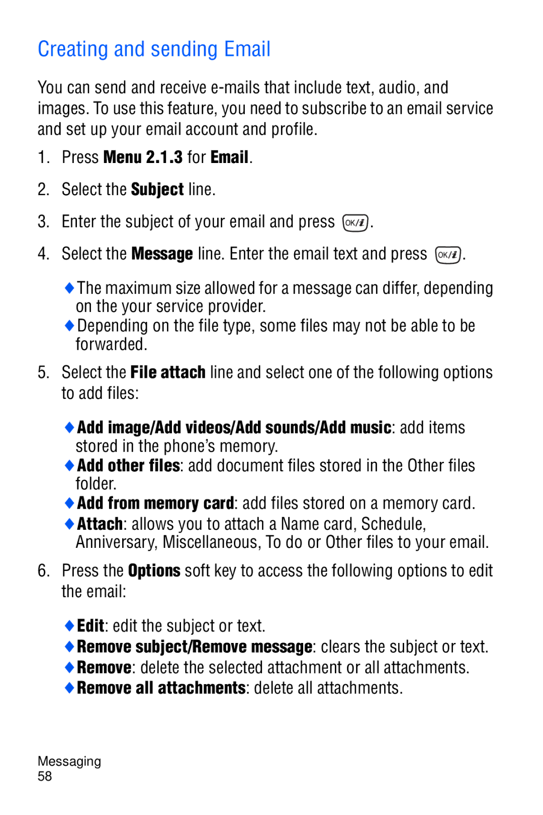 Samsung SGH-D606 user manual Creating and sending Email, Press Menu 2.1.3 for Email 