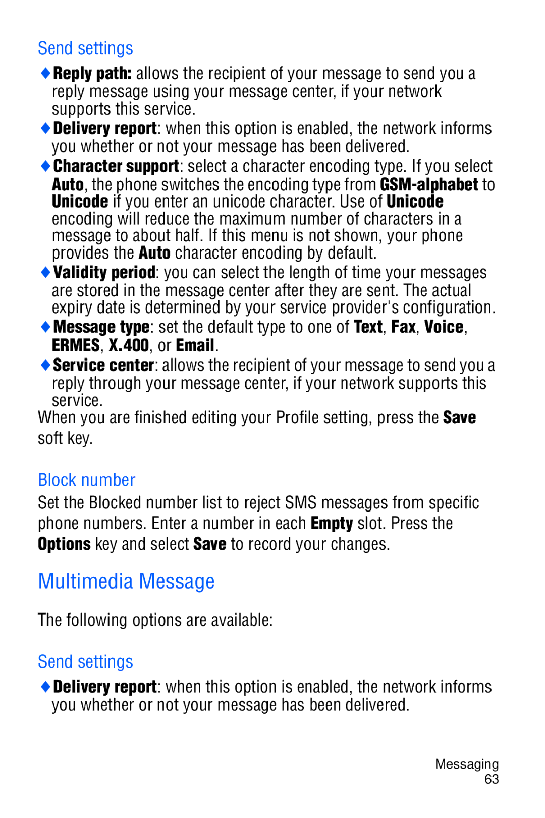 Samsung SGH-D606 user manual Multimedia Message, Send settings, Block number, Following options are available 