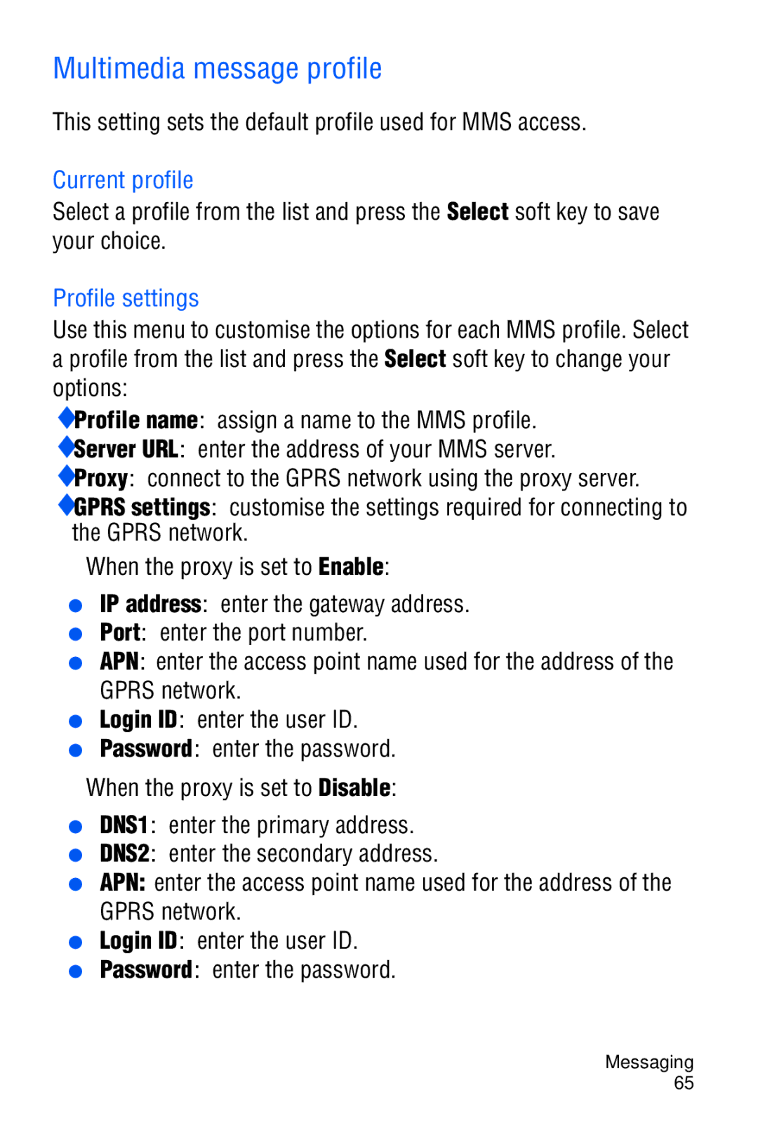 Samsung SGH-D606 Multimedia message profile, This setting sets the default profile used for MMS access, Current profile 