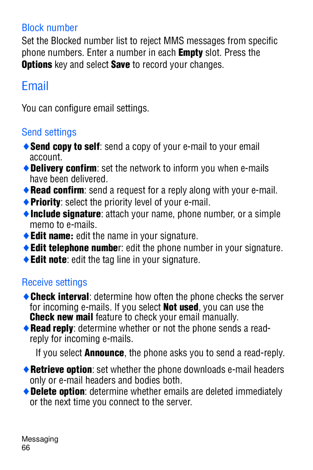 Samsung SGH-D606 user manual You can configure email settings, Edit note edit the tag line in your signature 