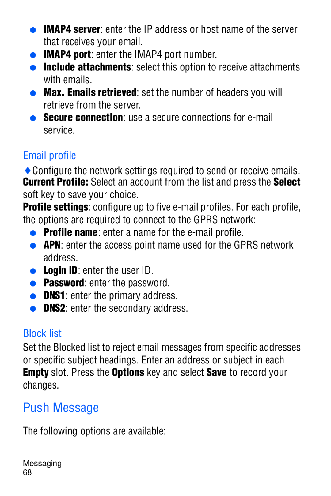 Samsung SGH-D606 user manual Push Message, Email profile, Block list 