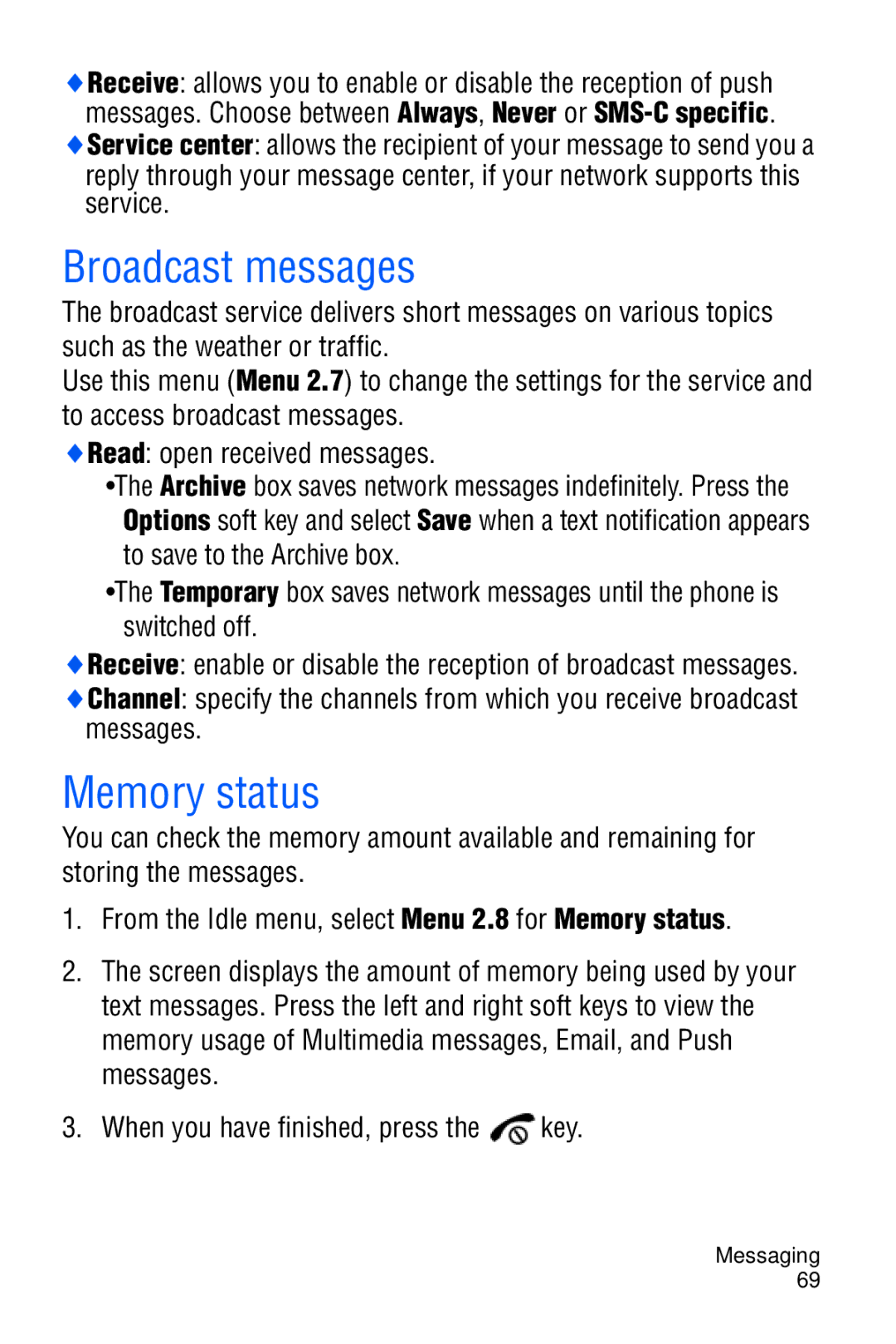 Samsung SGH-D606 user manual Broadcast messages, Memory status 