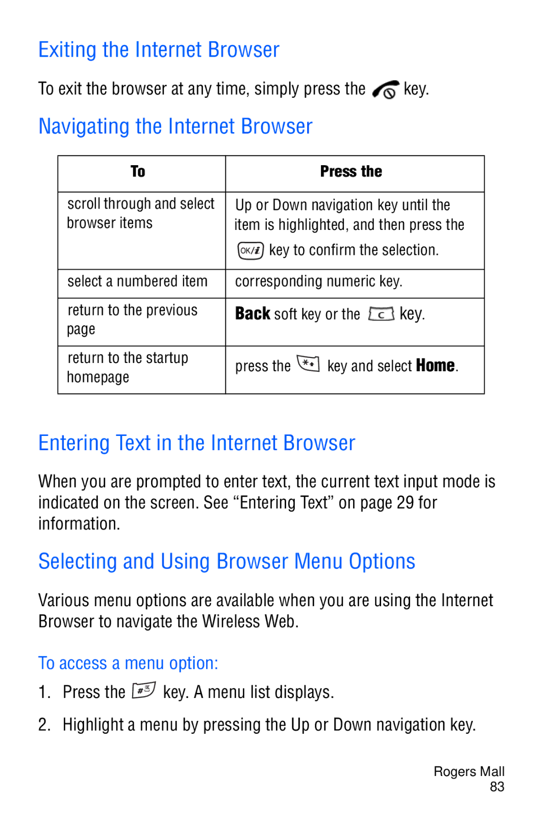 Samsung SGH-D606 Exiting the Internet Browser, Navigating the Internet Browser, Entering Text in the Internet Browser 