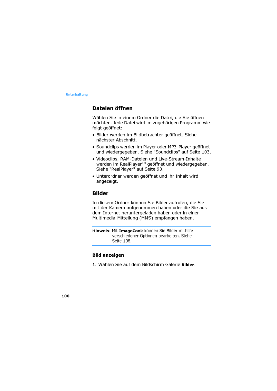 Samsung SGH-D730IBADBT manual Dateien öffnen, Bild anzeigen, Wählen Sie auf dem Bildschirm Galerie Bilder, 100 
