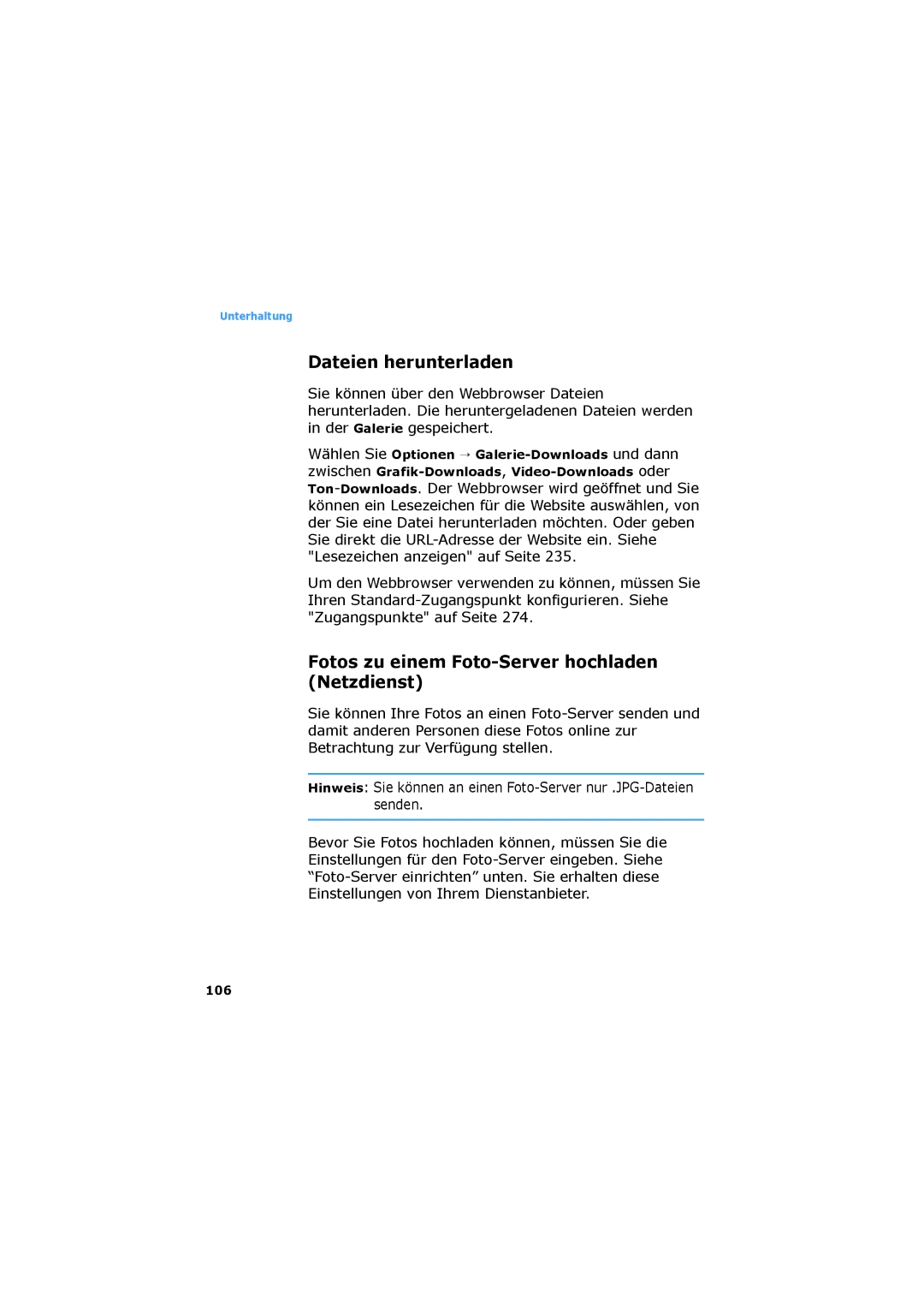 Samsung SGH-D730IBADBT manual Dateien herunterladen, Fotos zu einem Foto-Server hochladen Netzdienst, 106 
