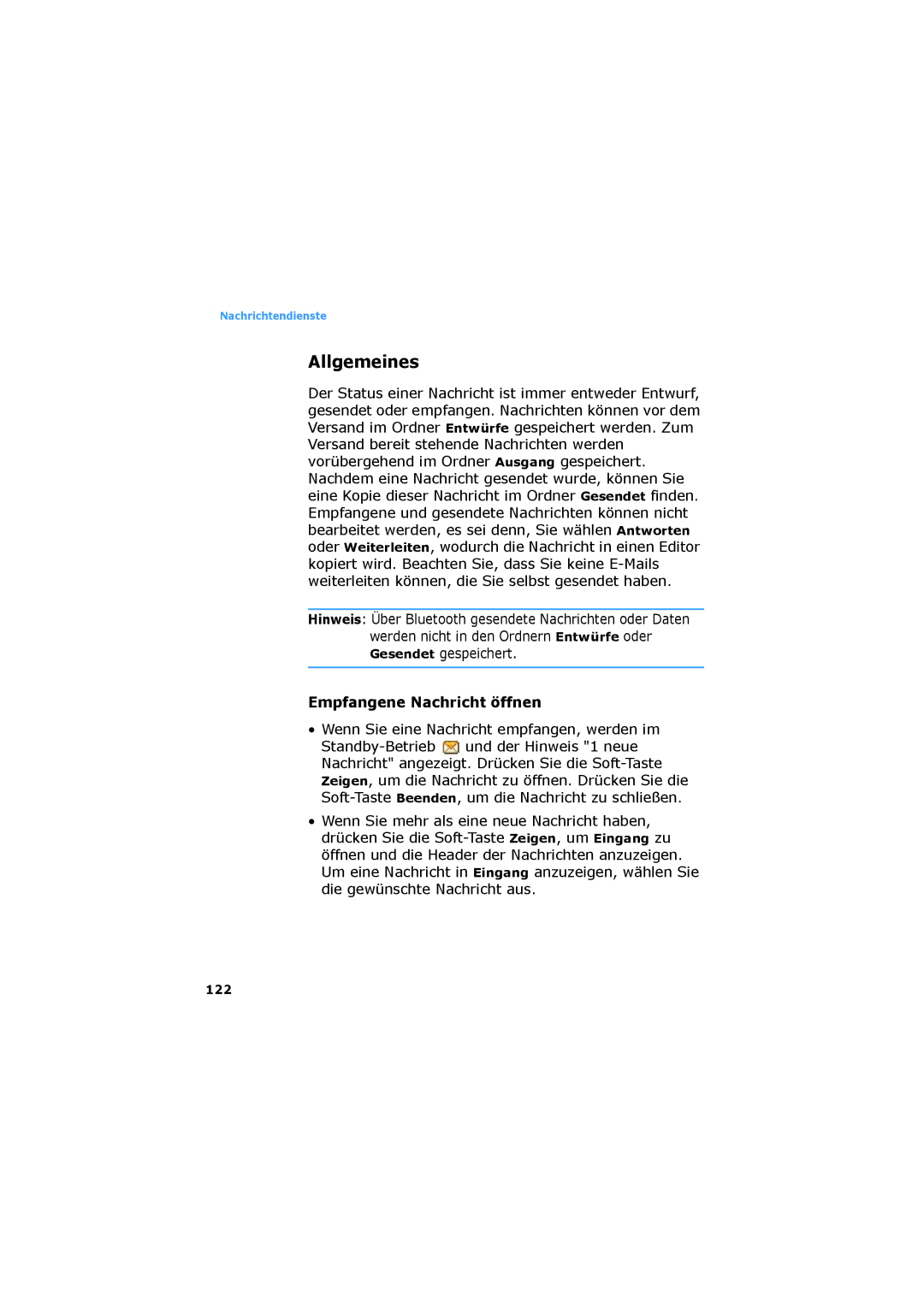 Samsung SGH-D730IBADBT manual Allgemeines, Empfangene Nachricht öffnen, Wenn Sie eine Nachricht empfangen, werden im, 122 
