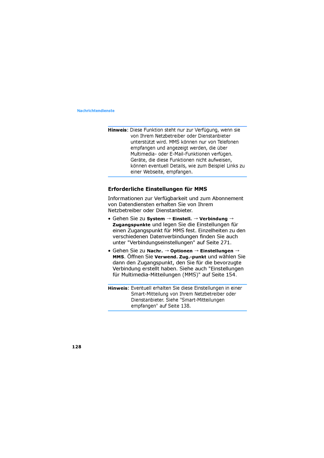 Samsung SGH-D730IBADBT manual Erforderliche Einstellungen für MMS, Gehen Sie zu System Einstell. Verbindung, 128 