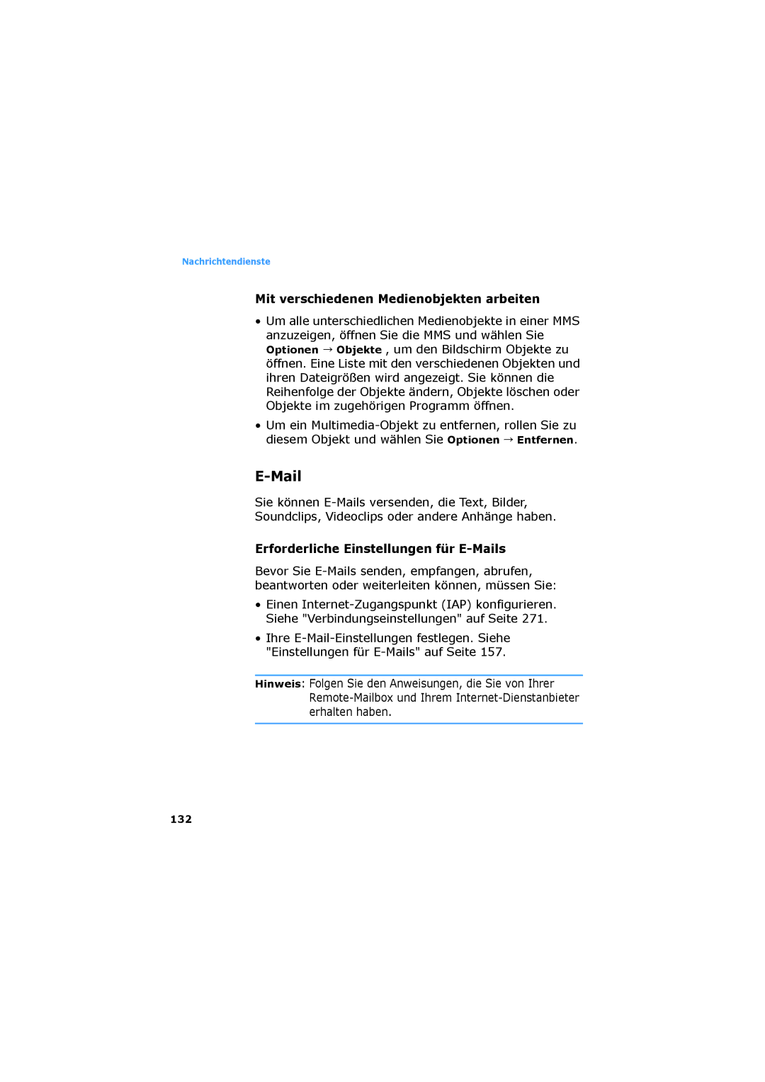 Samsung SGH-D730IBADBT manual Mit verschiedenen Medienobjekten arbeiten, Erforderliche Einstellungen für E-Mails, 132 