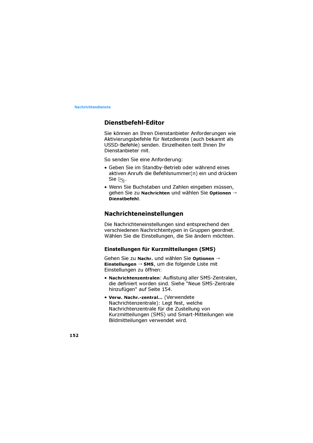 Samsung SGH-D730IBADBT manual Dienstbefehl-Editor, Nachrichteneinstellungen, Einstellungen für Kurzmitteilungen SMS 