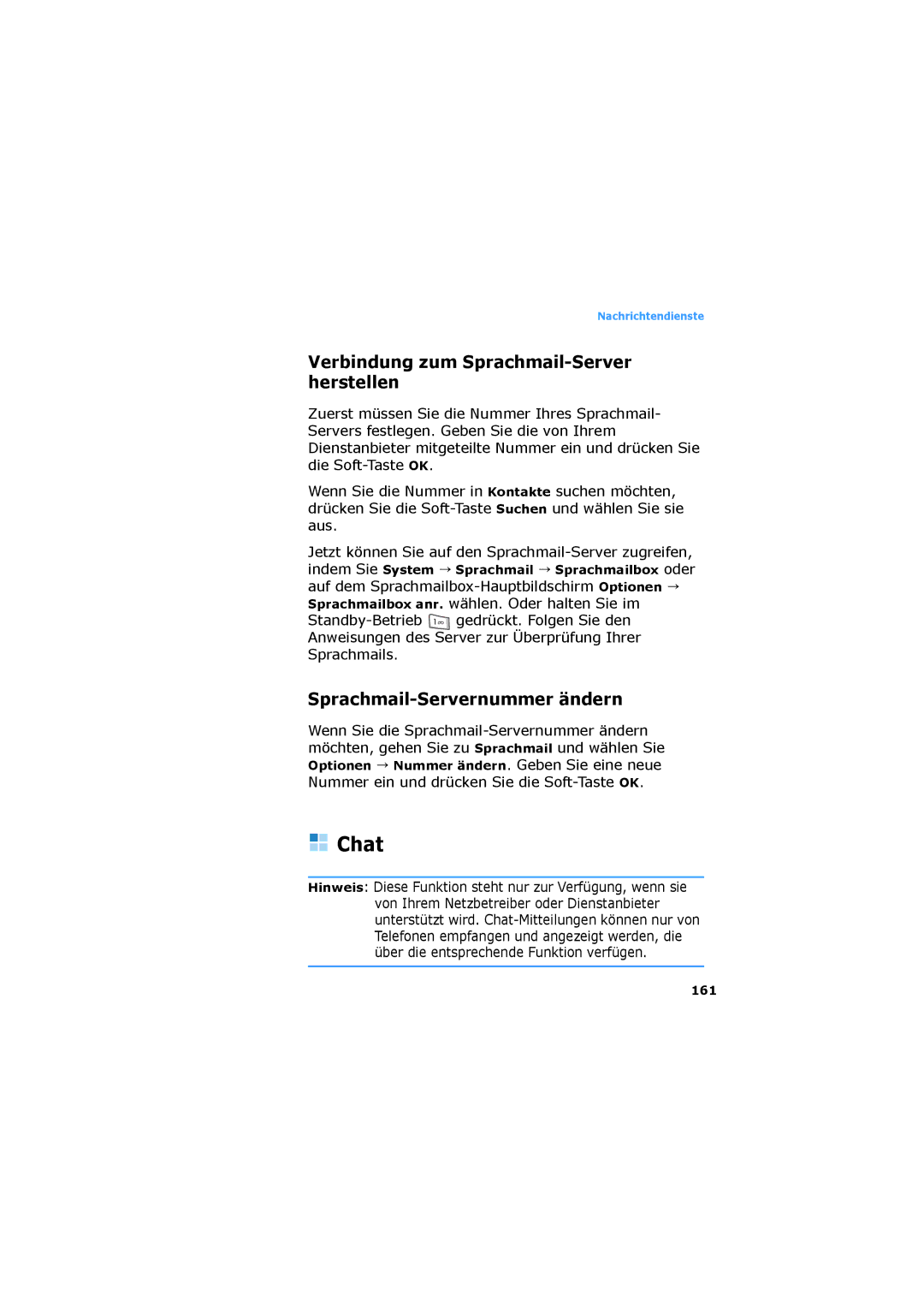 Samsung SGH-D730IBADBT manual Chat, Verbindung zum Sprachmail-Server herstellen, Sprachmail-Servernummer ändern 