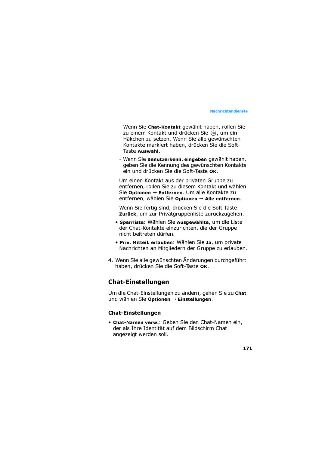 Samsung SGH-D730IBADBT manual Chat-Einstellungen, 171 