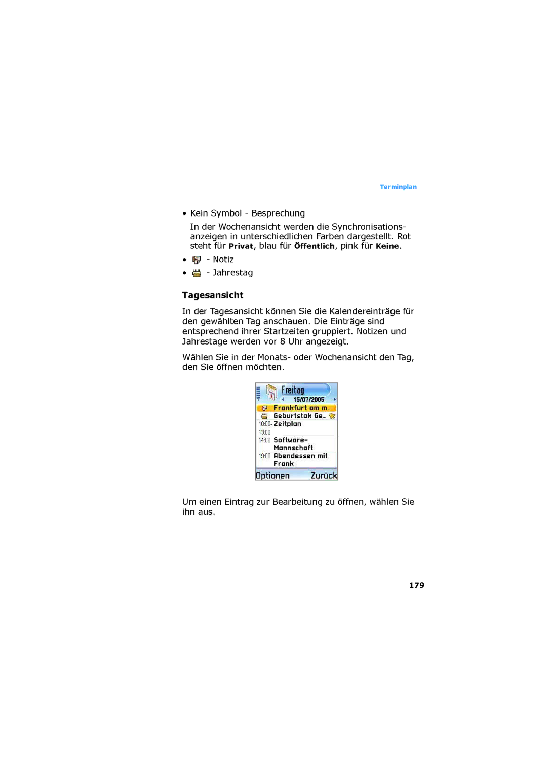 Samsung SGH-D730IBADBT manual Tagesansicht, Kein Symbol Besprechung, Notiz Jahrestag, 179 