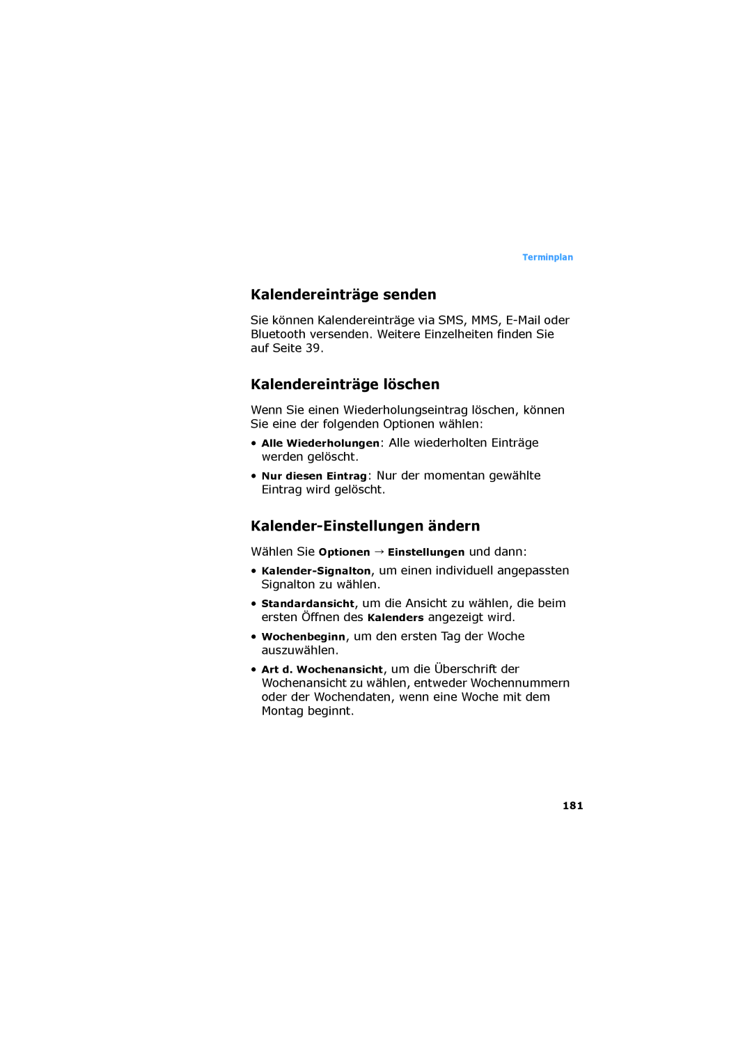 Samsung SGH-D730IBADBT manual Kalendereinträge senden, Kalendereinträge löschen, Kalender-Einstellungen ändern, 181 