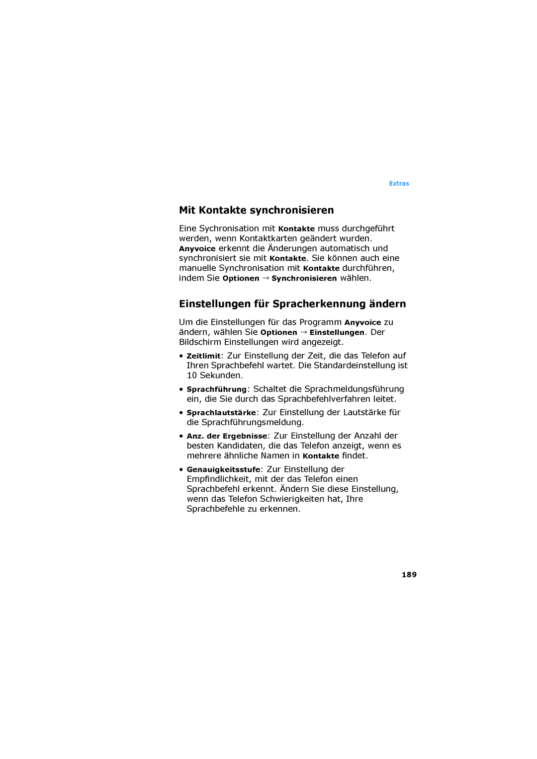 Samsung SGH-D730IBADBT manual Mit Kontakte synchronisieren, Einstellungen für Spracherkennung ändern, 189 