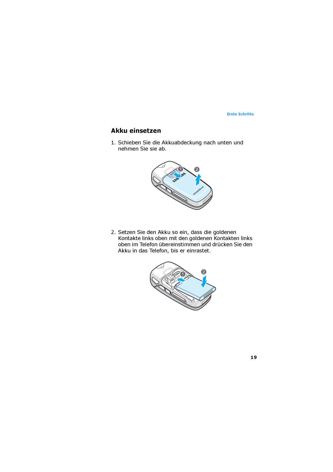 Samsung SGH-D730IBADBT manual Akku einsetzen 