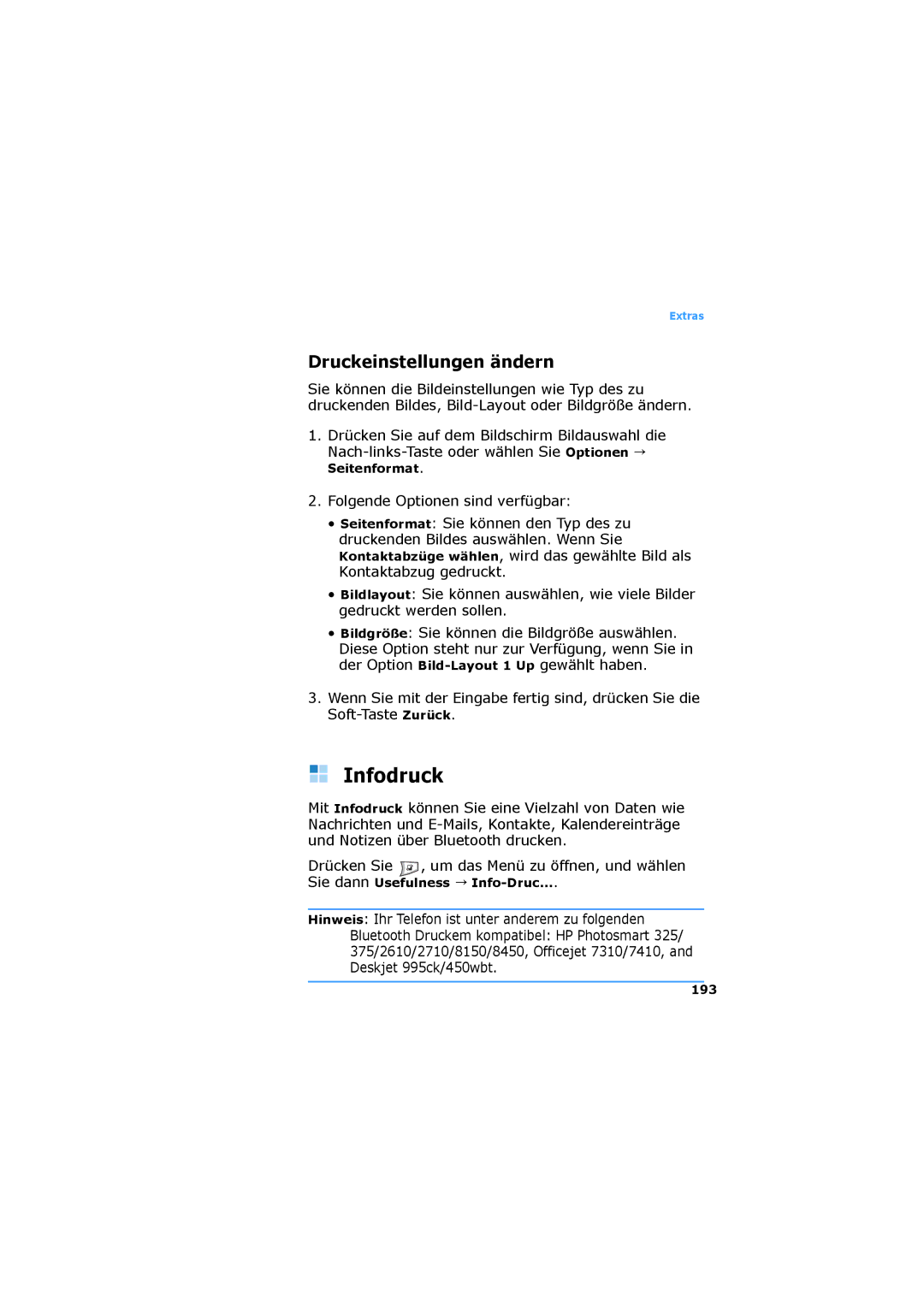 Samsung SGH-D730IBADBT manual Infodruck, Druckeinstellungen ändern, Sie dann Usefulness Info-Druc, 193 