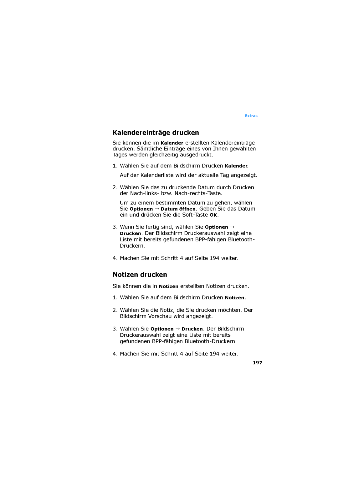 Samsung SGH-D730IBADBT manual Kalendereinträge drucken, Notizen drucken, 197 