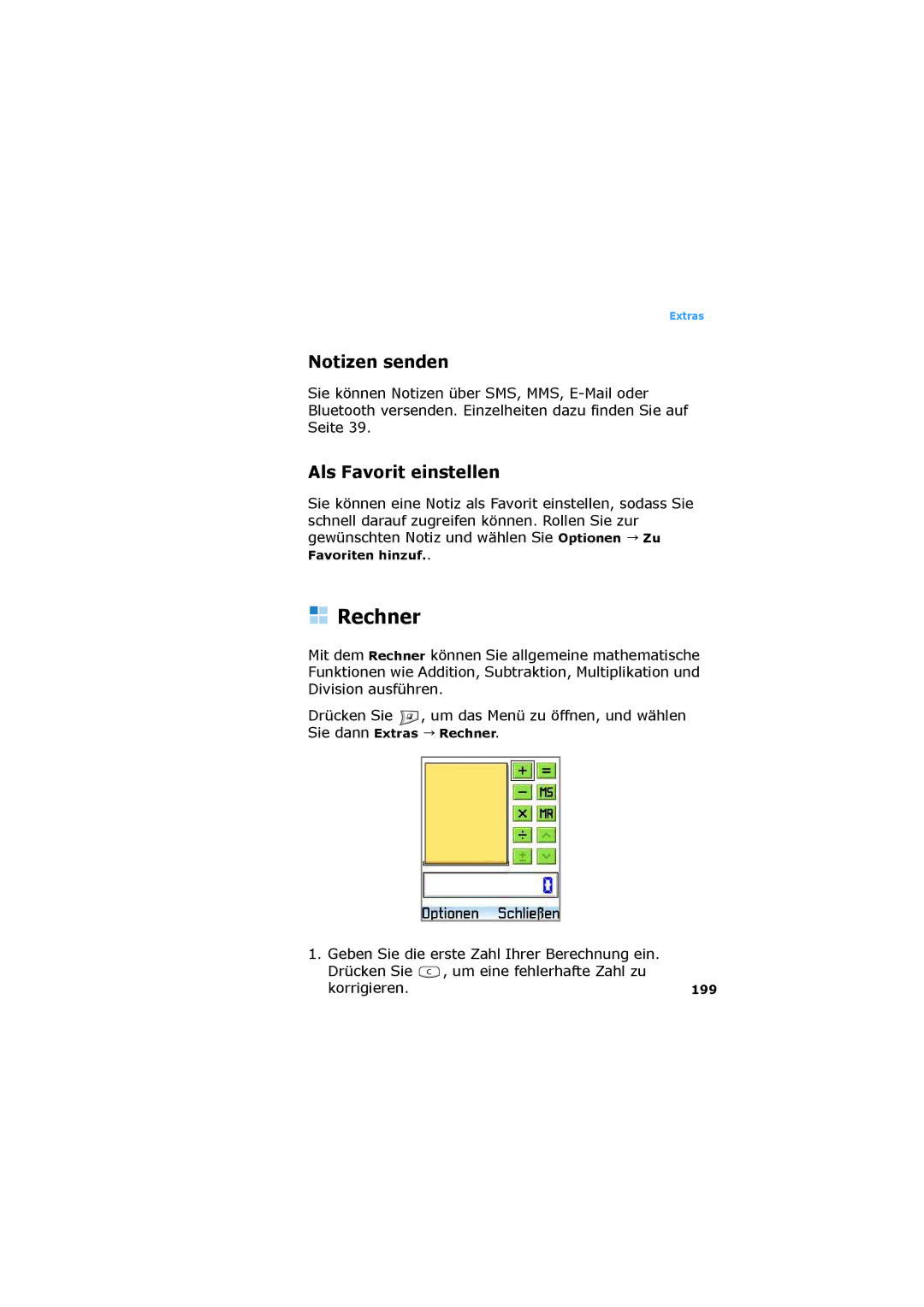 Samsung SGH-D730IBADBT manual Rechner, Notizen senden, Als Favorit einstellen, Korrigieren.199 