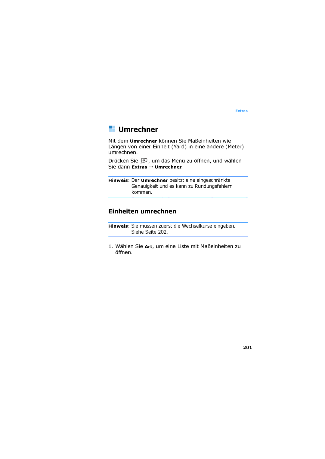 Samsung SGH-D730IBADBT manual Einheiten umrechnen, Sie dann Extras Umrechner, 201 