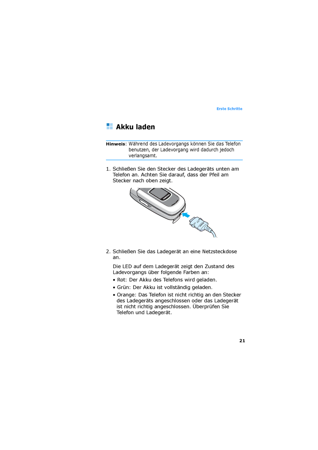 Samsung SGH-D730IBADBT manual Akku laden 