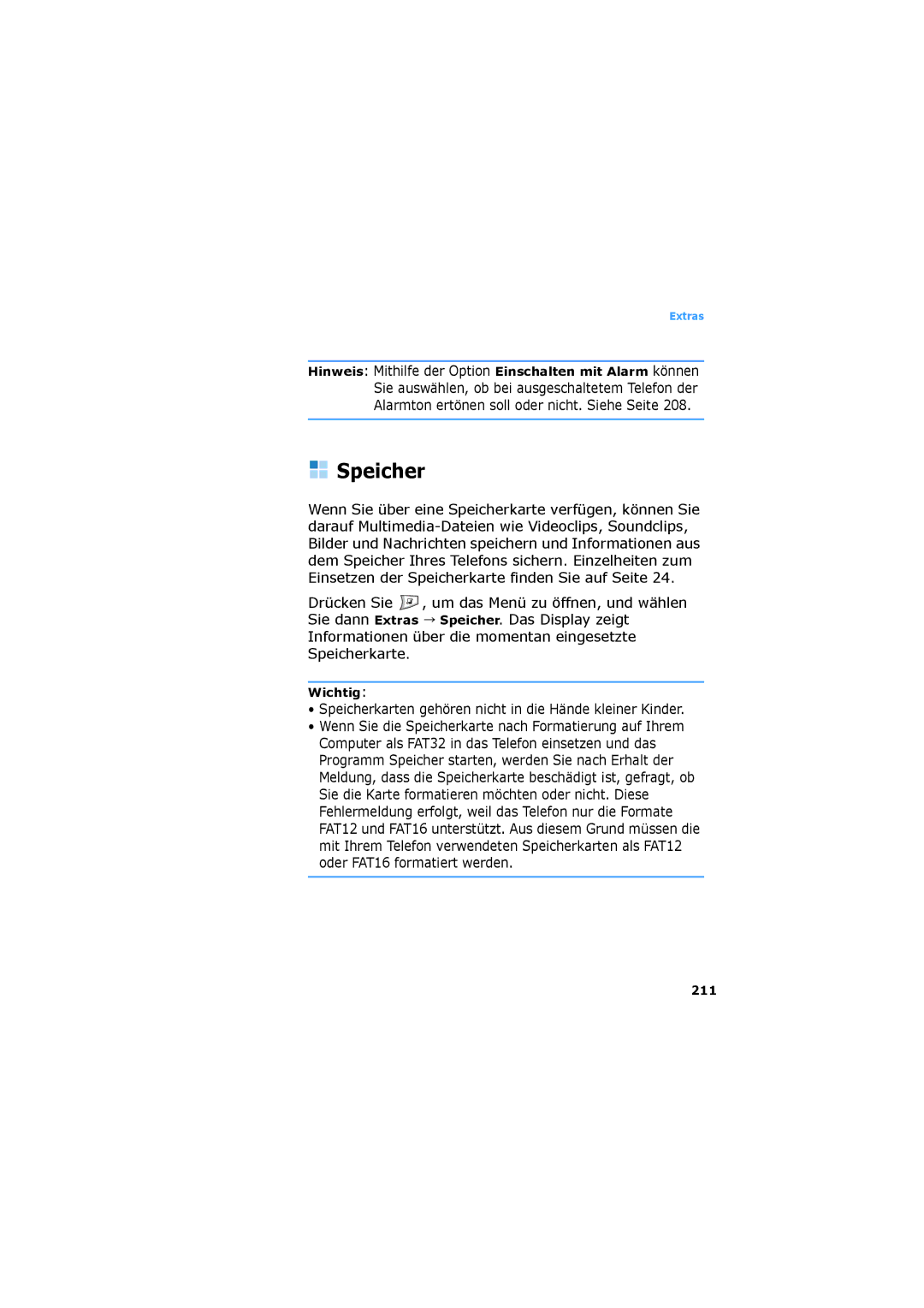 Samsung SGH-D730IBADBT manual Speicherkarten gehören nicht in die Hände kleiner Kinder, 211 