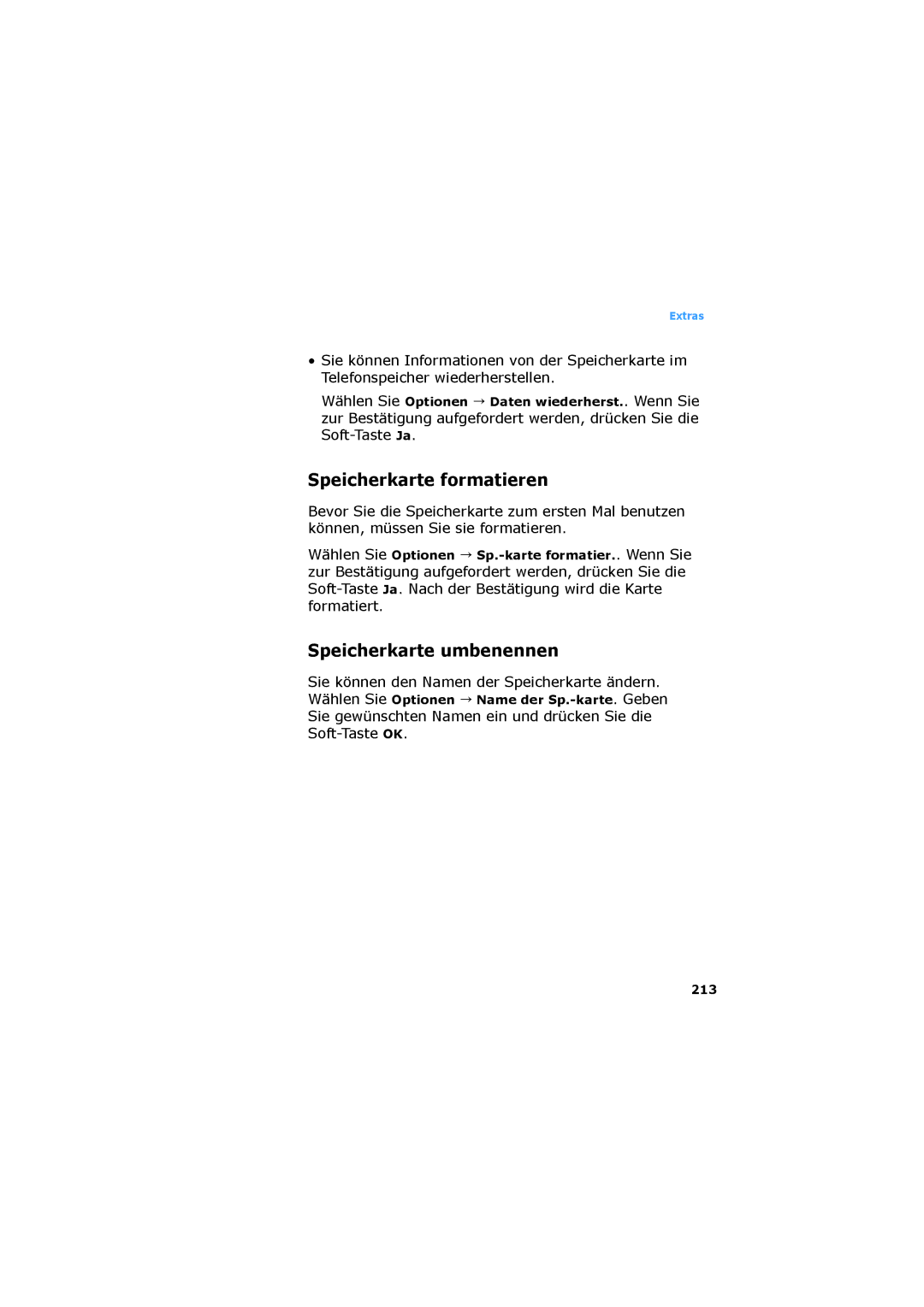 Samsung SGH-D730IBADBT manual Speicherkarte formatieren, Speicherkarte umbenennen, 213 