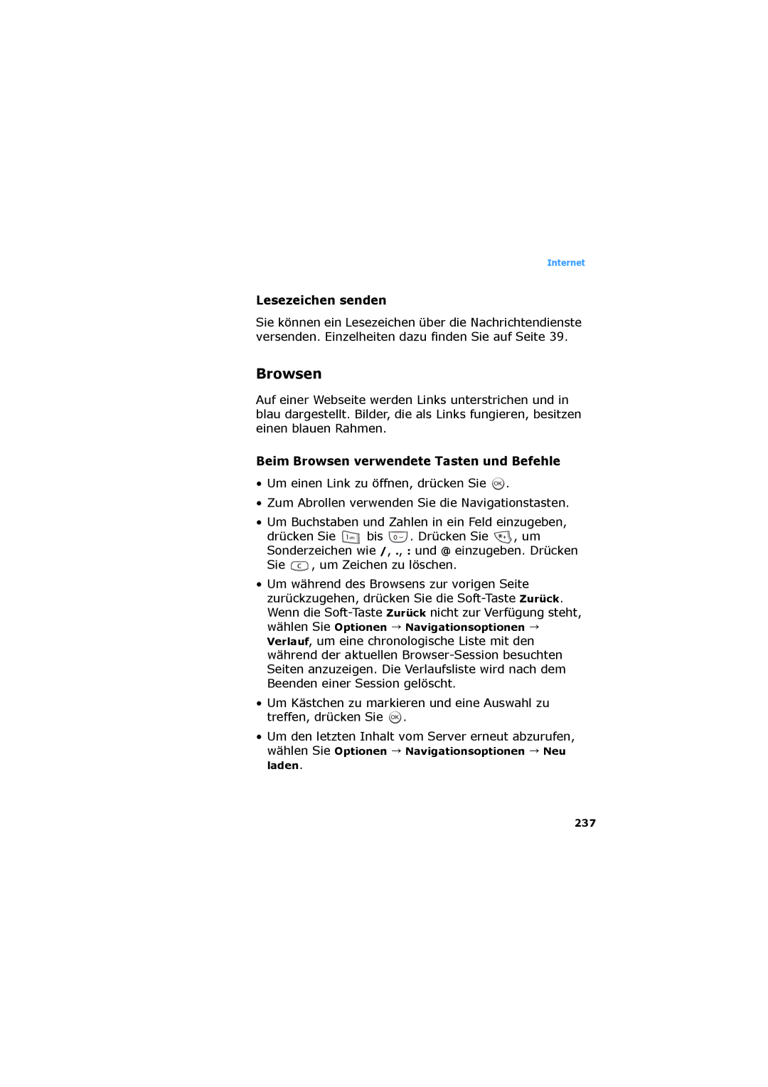 Samsung SGH-D730IBADBT manual Lesezeichen senden, Beim Browsen verwendete Tasten und Befehle 