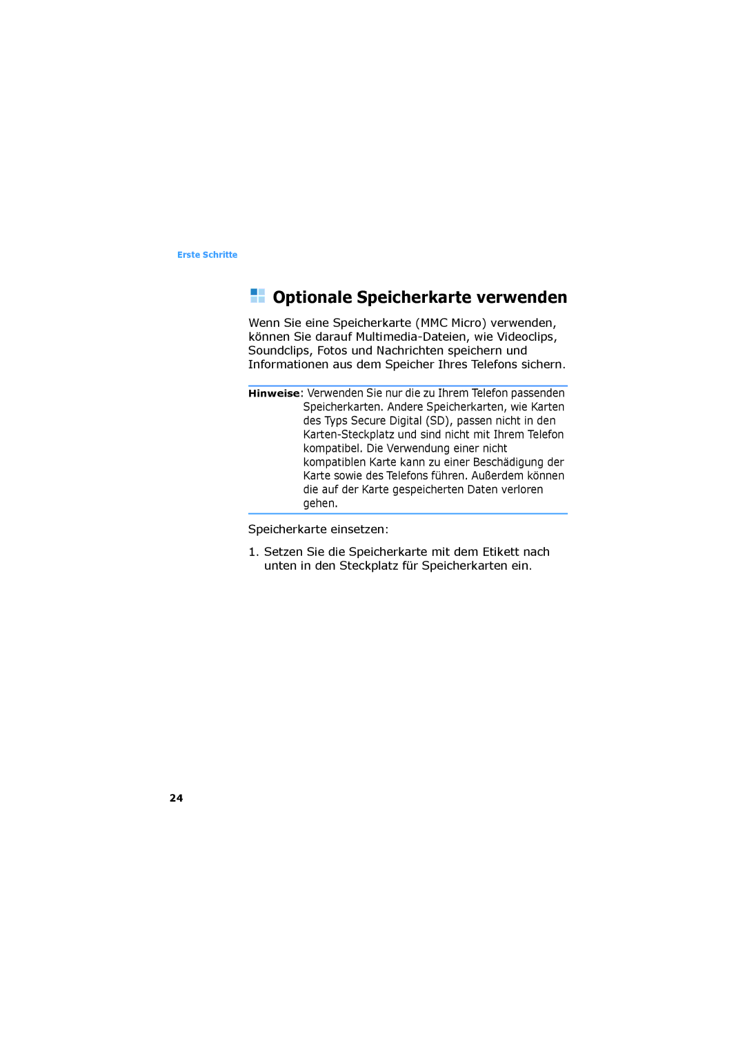 Samsung SGH-D730IBADBT manual Optionale Speicherkarte verwenden, Speicherkarte einsetzen 