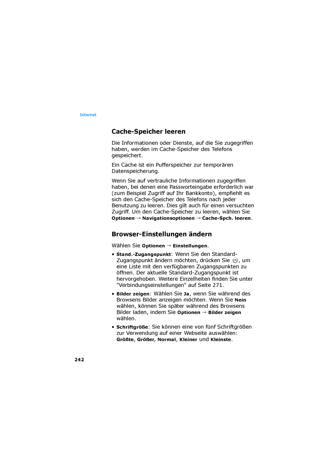 Samsung SGH-D730IBADBT manual Cache-Speicher leeren, Browser-Einstellungen ändern 